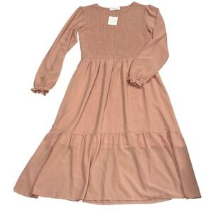 New! The Grace Midi Dress Long Sleeve Tiered Romantic Flowy Pink Medium Large